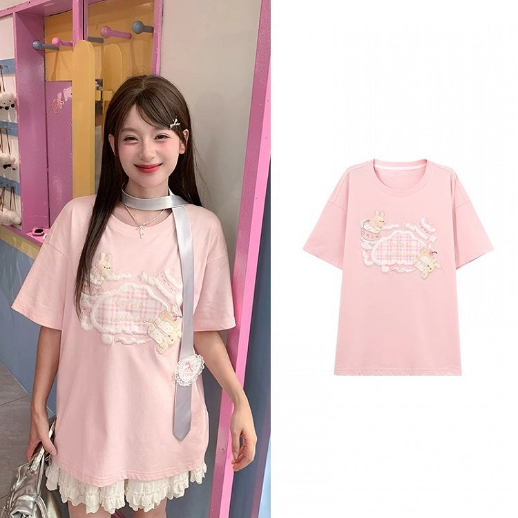 Adorable Bunny Embroidery Pink Round Neck Loose T-shirt