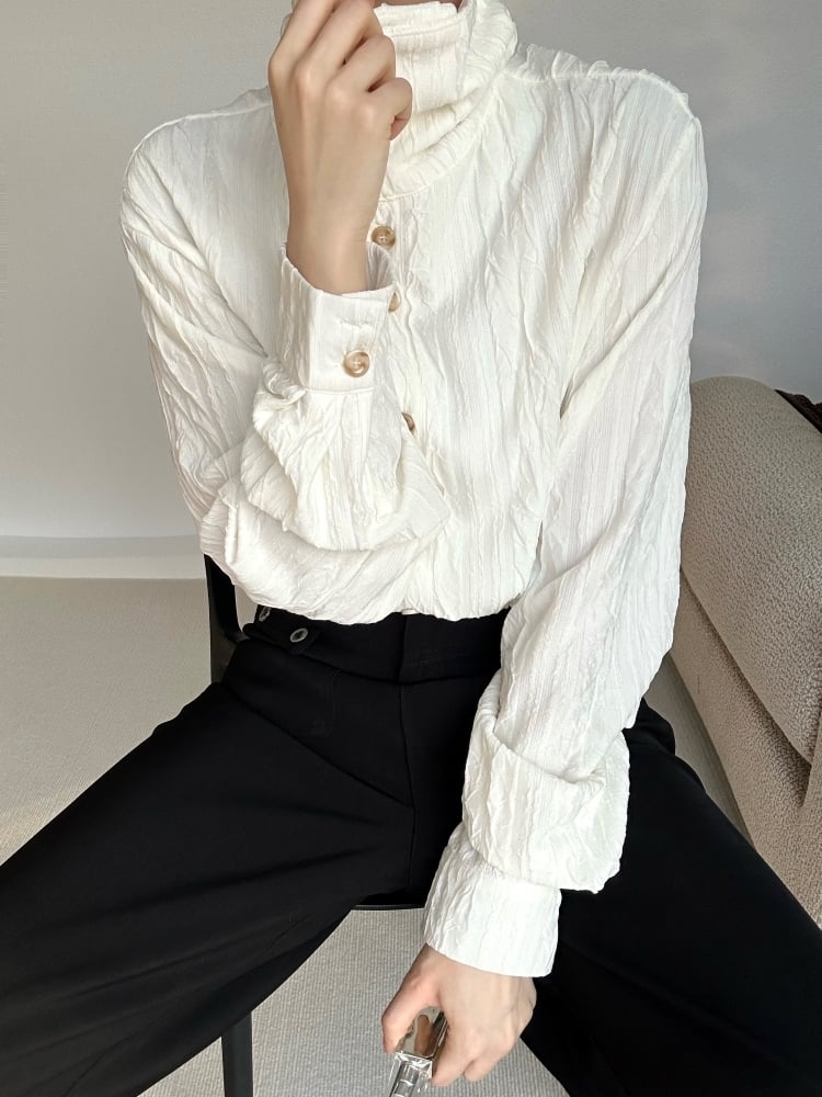 Ouji Lolita Apricot Textured Long Sleeve Shirt with Mandarin Collar & Button Cuffs