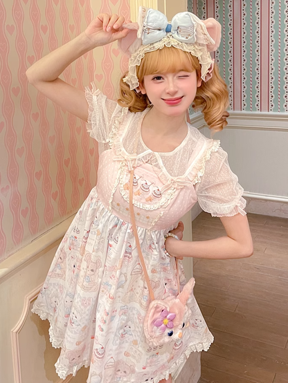 Pink Flutter Sleeves Kitten and Cake Print Sweet Lolita Dress Jumper Skirt