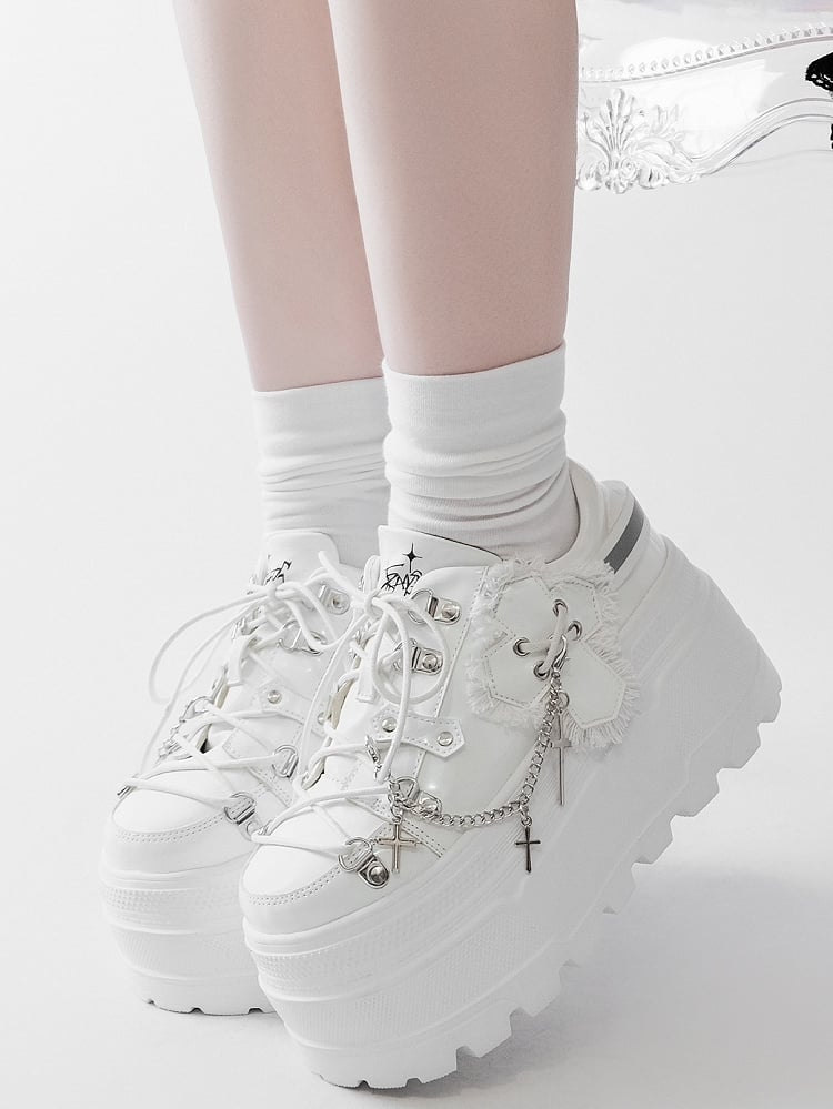 White Punk Front Lace-up Ties Design Platform Shoes With Detachable Cross Charm Chain