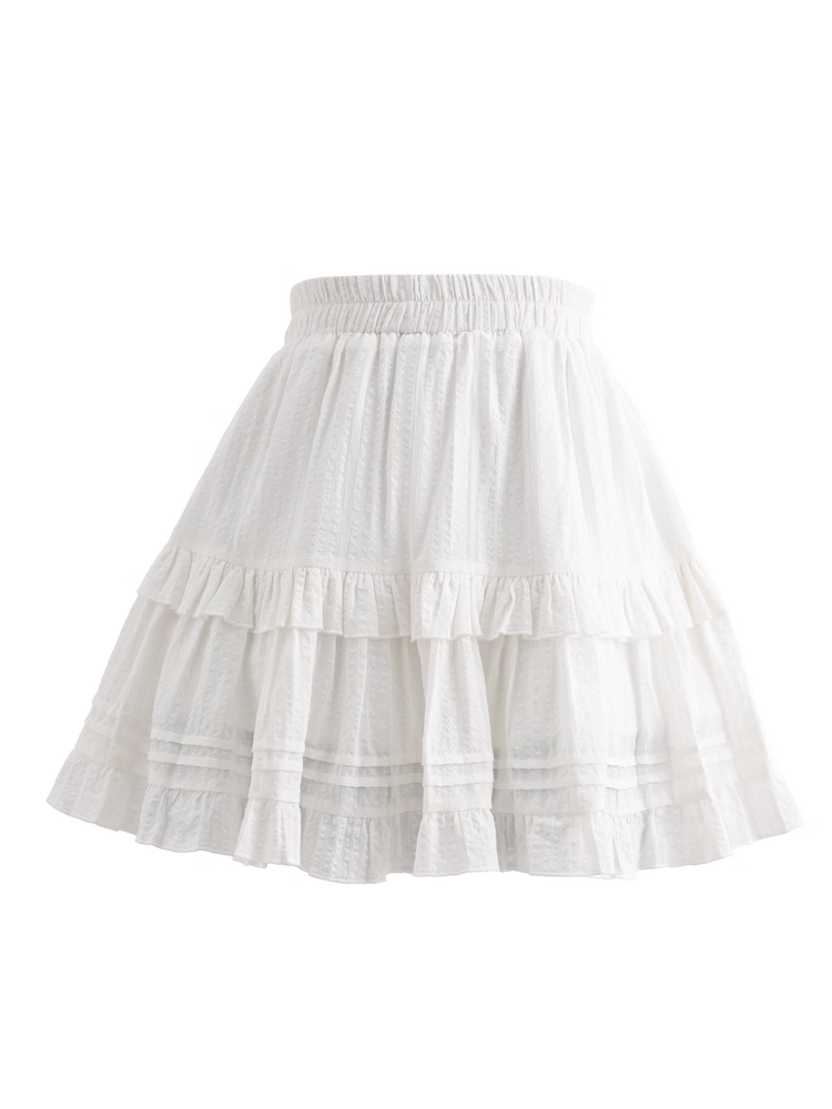 White Elastic Waist Ruffle Hem Tiered Skirt