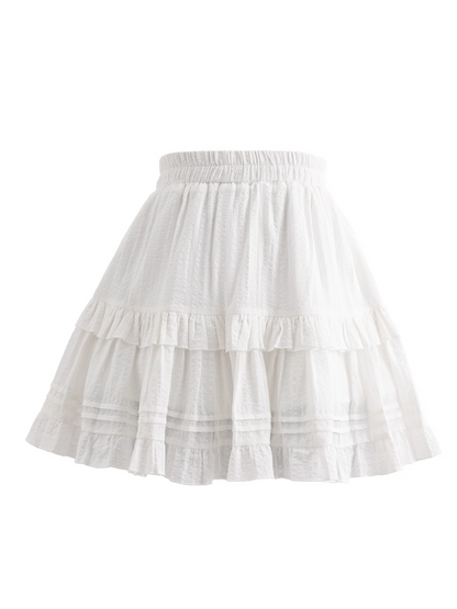 White Elastic Waist Ruffle Hem Tiered Skirt