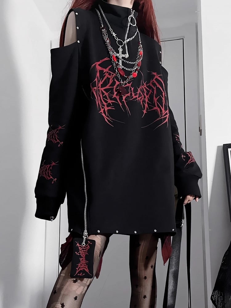 Black&White Emo Punk Cutout Shoulder Design Sweatshirt