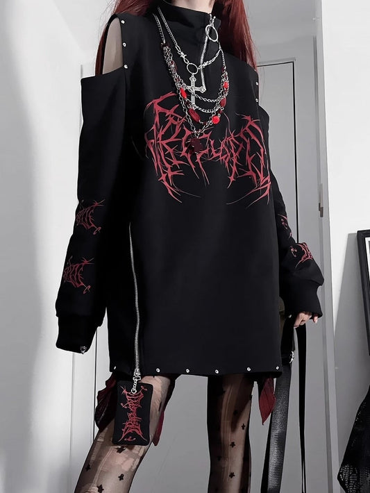 Black&White Emo Punk Cutout Shoulder Design Sweatshirt