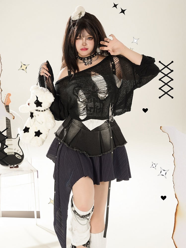 Plus Size PU Straps Decorated Y2K Black Asymmetrical Tiered Skirt