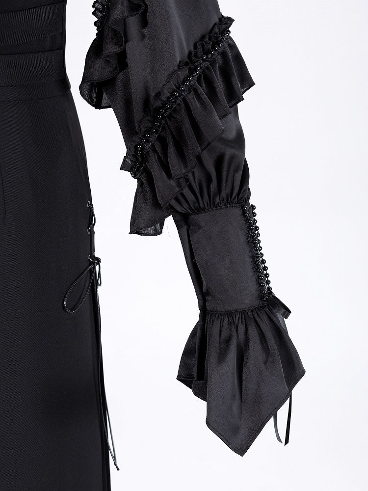 Ruffled High Neck Black Bead Chain and Cascading Ruffles Long Sleeves Siren Shirt