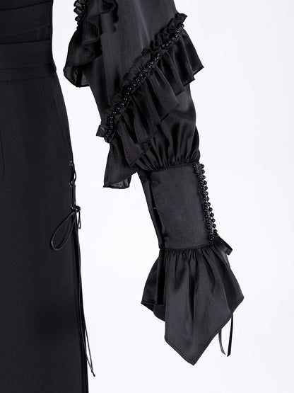 Ruffled High Neck Black Bead Chain and Cascading Ruffles Long Sleeves Siren Shirt