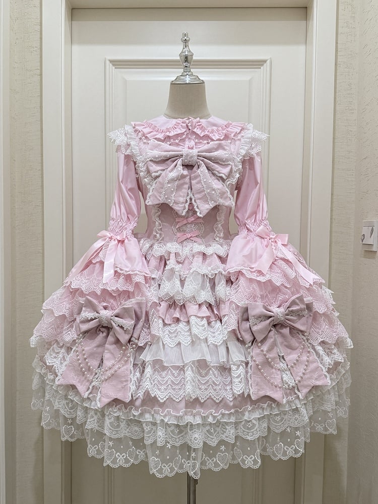Pink Bead Chain Big Bows Decoration Tiered Skirt Hanayome Lolita Dress