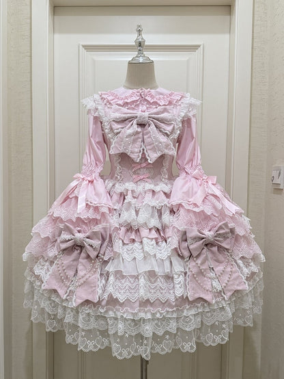 Pink Bead Chain Big Bows Decoration Tiered Skirt Hanayome Lolita Dress