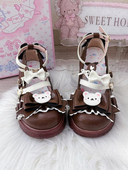 Brown Sweet Lolita Mary Janes - 3cm Flat Design with Bear Elements & Bow Embellishments