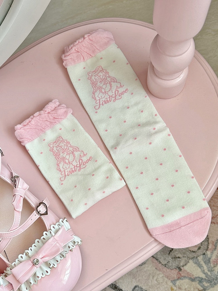 Black/Pink Anime Girl Polka-dot Pattern Lolita Calf Socks