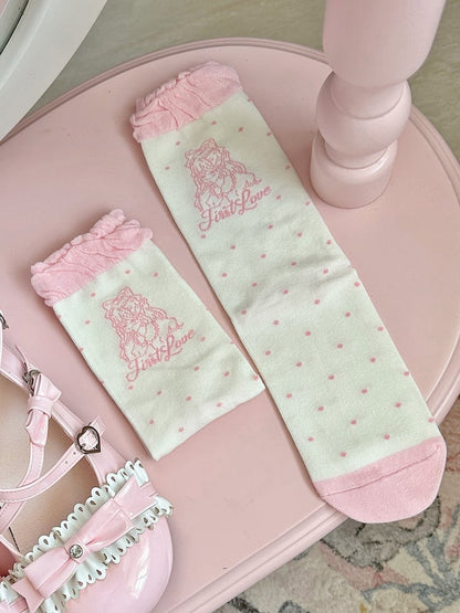 Black/Pink Anime Girl Polka-dot Pattern Lolita Calf Socks