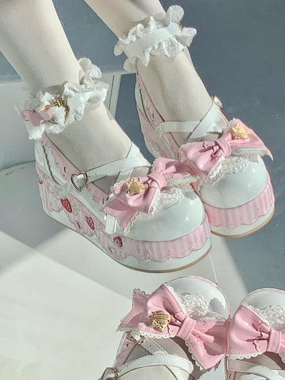 PU White Sweet Lolita Platform Mary Janes - Strawberry Details, Striped Scalloped Hem & Pink Top Bow