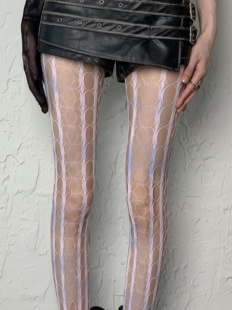 Gray Yellow/Pink Blue Tie-Dye Y2K Cut-out Design Fishnet Tights