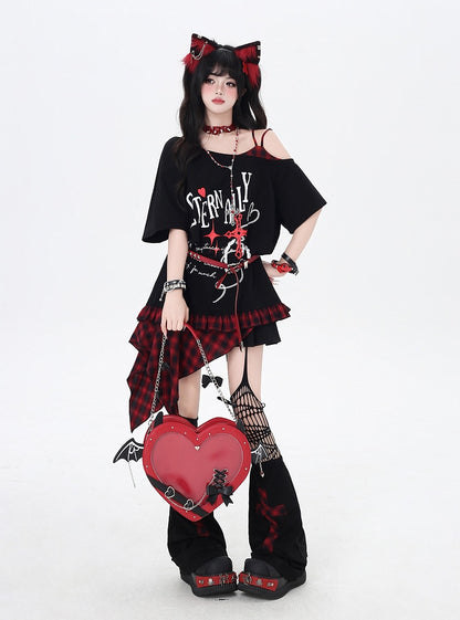 Asymmetrical Red/Purple Plaid Hem Black Punk Rock Graphic T-Shirt