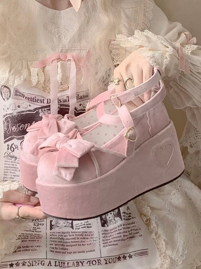 Velvet Pink Sweet Lolita Platforms - Bow Accents, Crisscross Straps & Heart Buckle