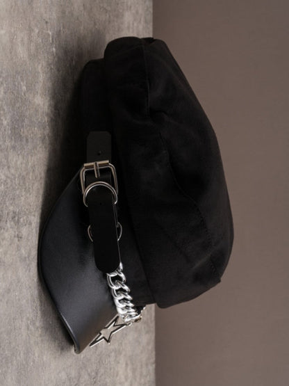 Black Gothic Star Charm Heart Buckle Design Beret Hat With Chain