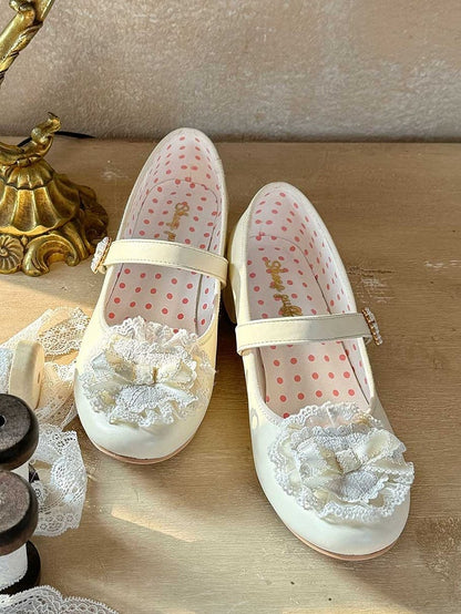 Yellow Bow at Top Lace Trim Beaded Heart Buckles Lolita Shoes