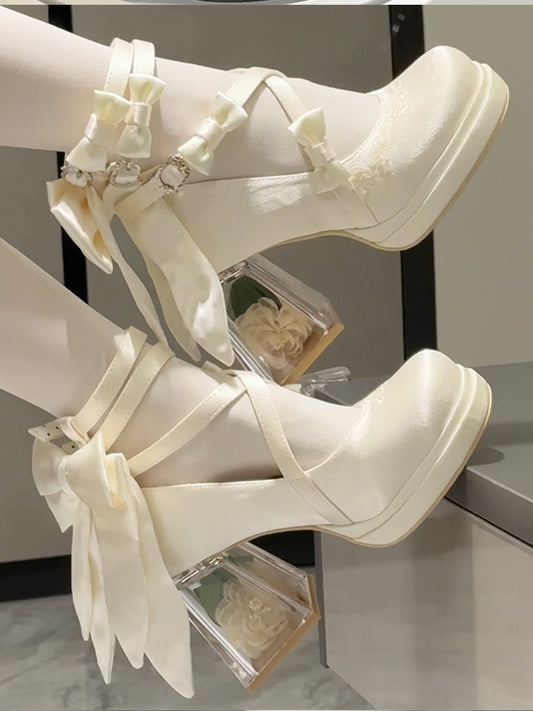 White Camellia Flower High Block Heel Elegant Platform High Heels