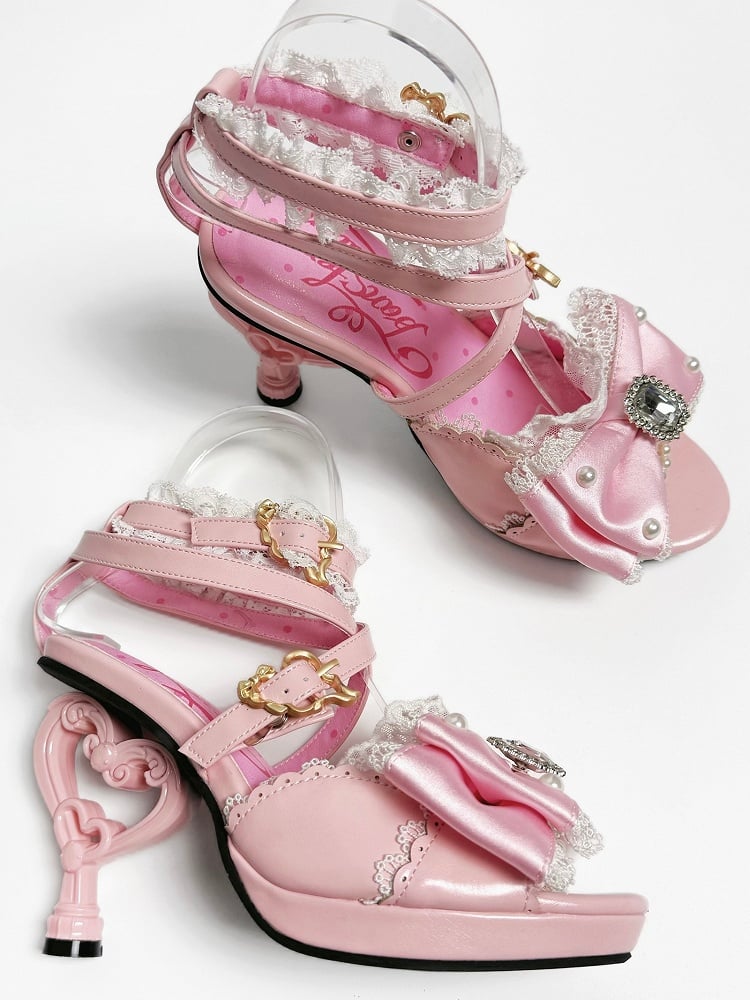 Pink Hime Gyaru Shoes Magical Girl Bow at Top Heart-shaped High Heels Sandals
