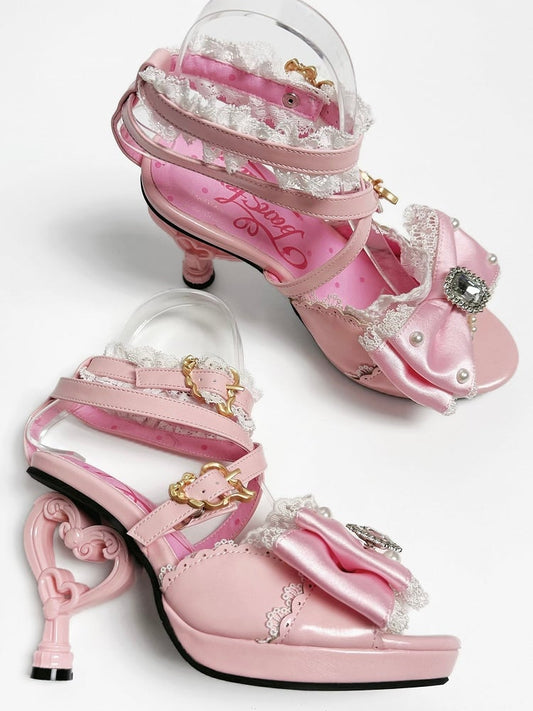 Pink Hime Gyaru Shoes Magical Girl Bow at Top Heart-shaped High Heels Sandals