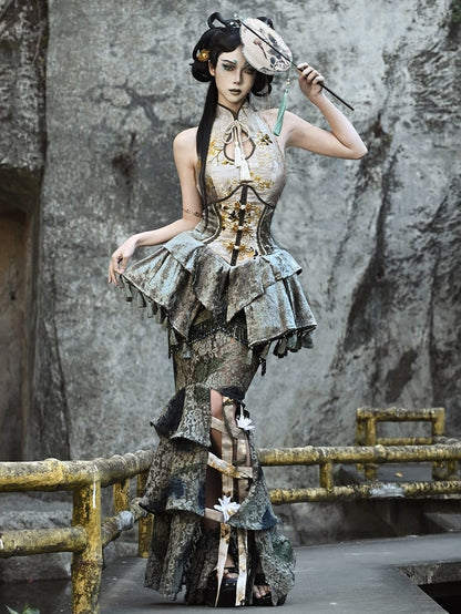 Dusty Green Tie Dye Pastel Goth Mermaid Skirt Flower Birdcage Hemline