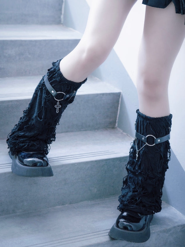Cross Decorated Distressed Holes Gothic Black Leg Warmers