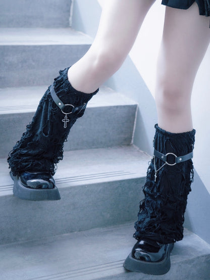 Cross Decorated Distressed Holes Gothic Black Leg Warmers