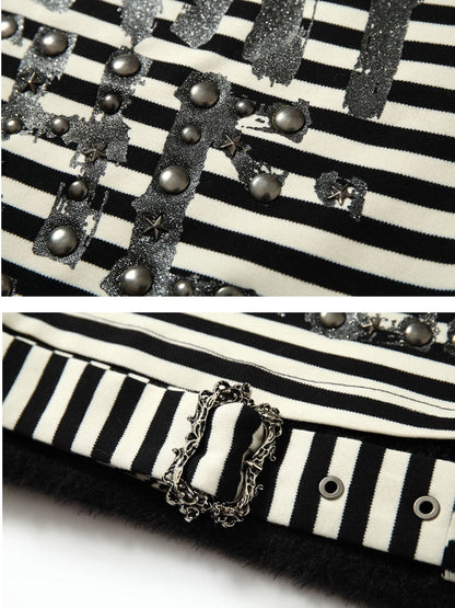 Red&White/Black&White Stripes Letter Print Top with Detachable Plush Collar