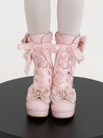 PU Pink Sweet Lolita Mid-Calf Boots - Crystal & Bead Decor Bow with Lace-Up & Inner Zip