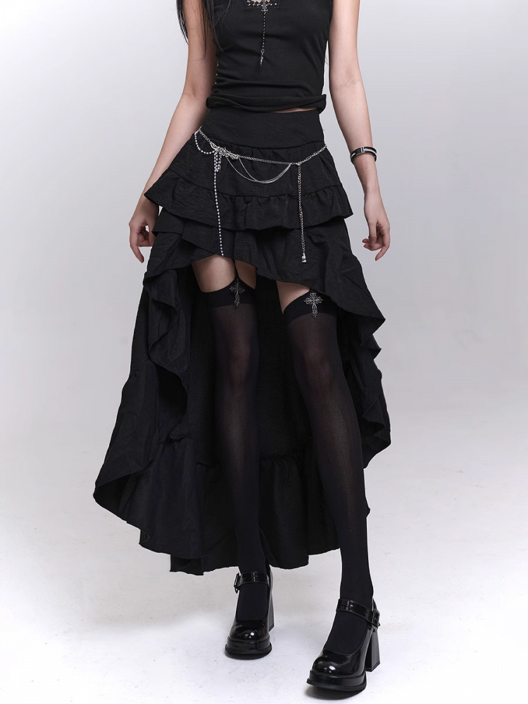 Black Cascading Flounce Trim High-low Skirt