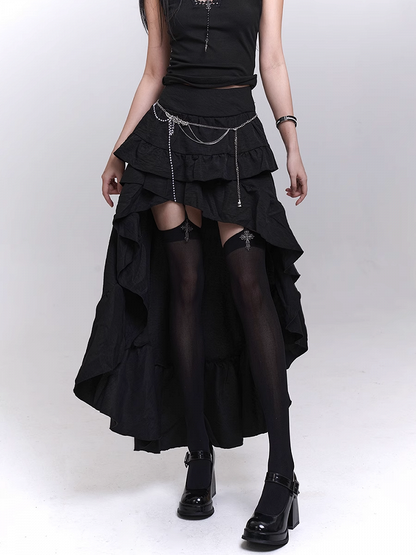 Black Cascading Flounce Trim High-low Skirt