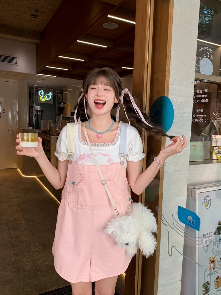 Candy Color Pink/Mint Green Denim Overall Shorts