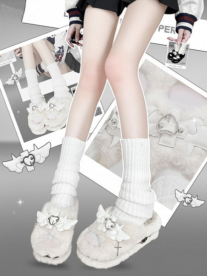 Cross Wings Decorated White Plush Platform Slippers Punk Winter Shoes