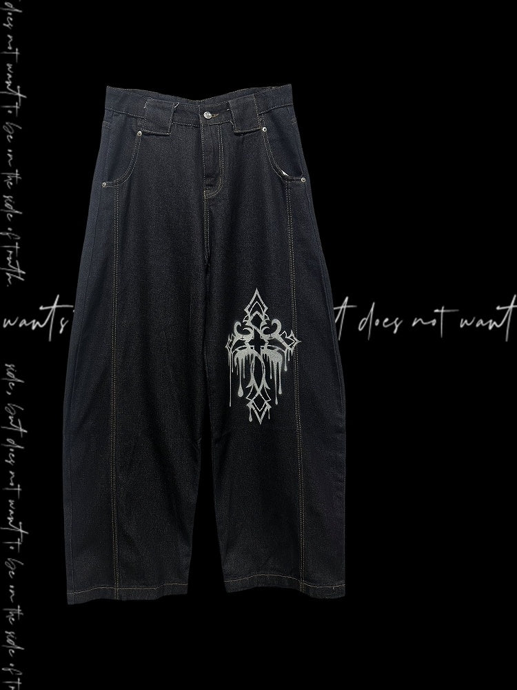 Dark Blue Cross Print Loose Wide-leg Jeans