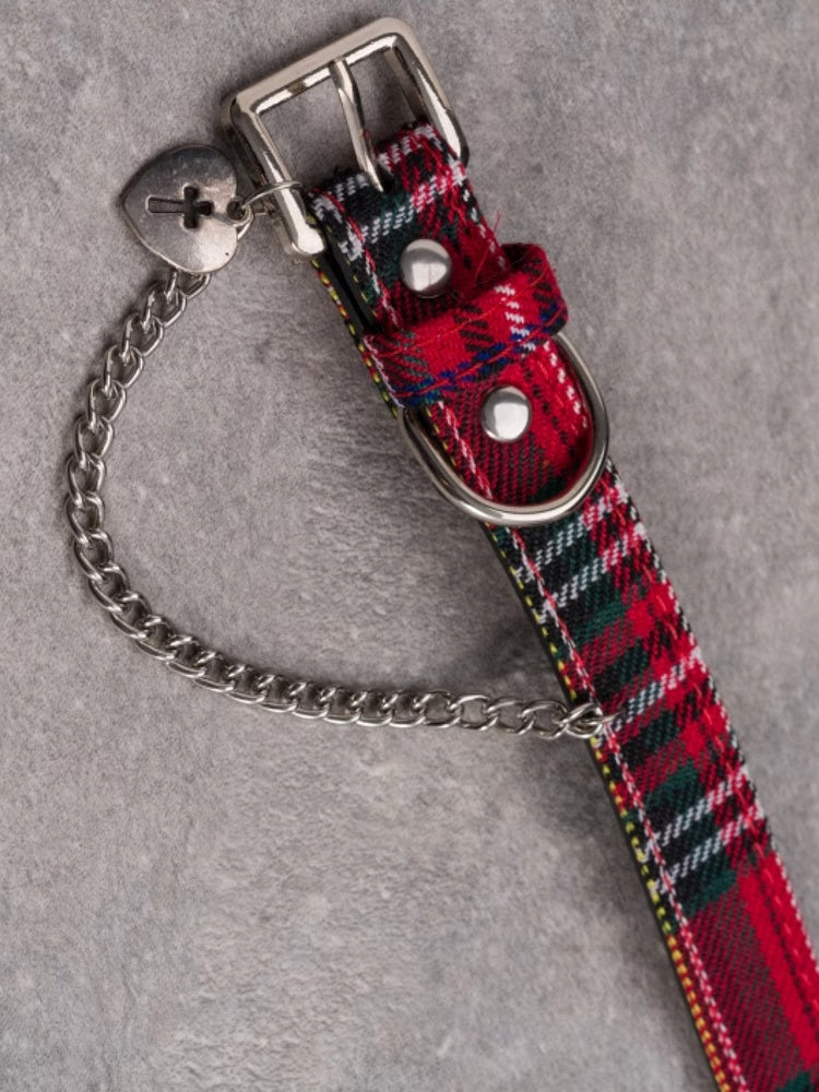 Red&Green Gothic Cross Decorated Heart And Chain Pendant Plaid Choker