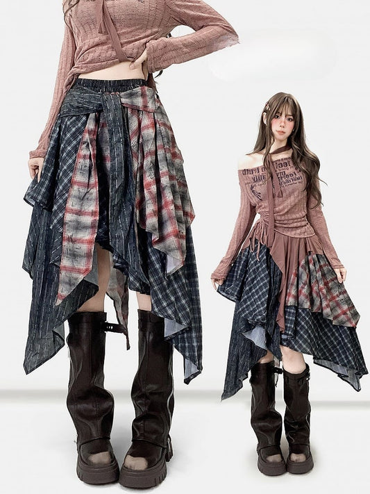Dark Gray Plaid Pattern Handkerchief Hem Skirt