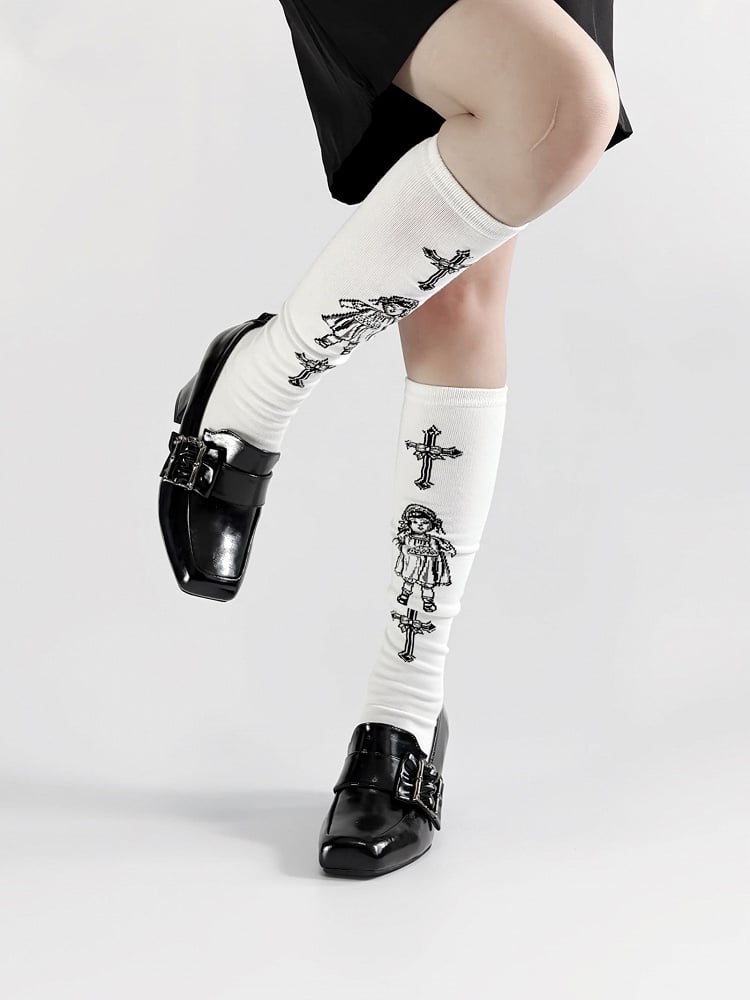 Gothic Polished Black Square Toe High Block Heel Shoes