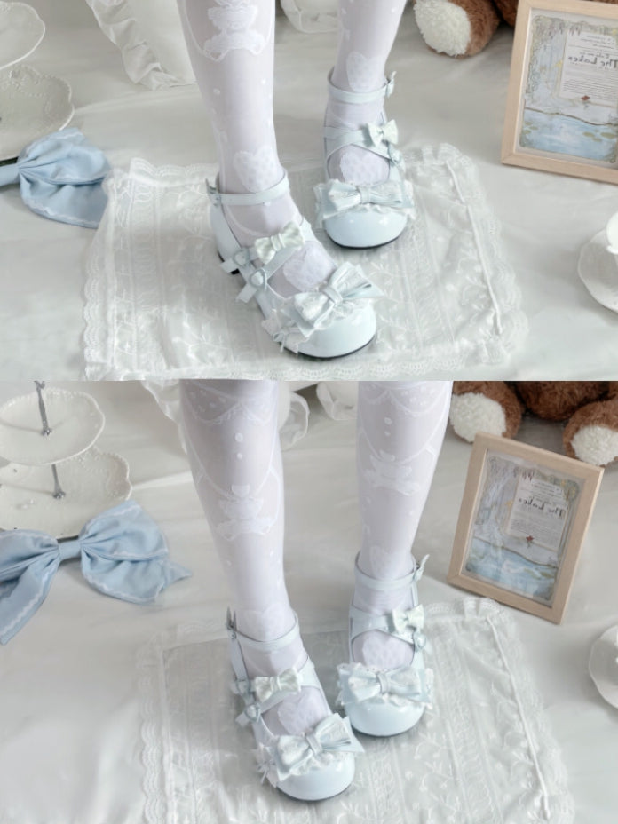 Round Toe Sweet Lolita Baby Blue Mid-heel Mary Janes in PU - Lace Trim, Bow Accents & Crisscross Design