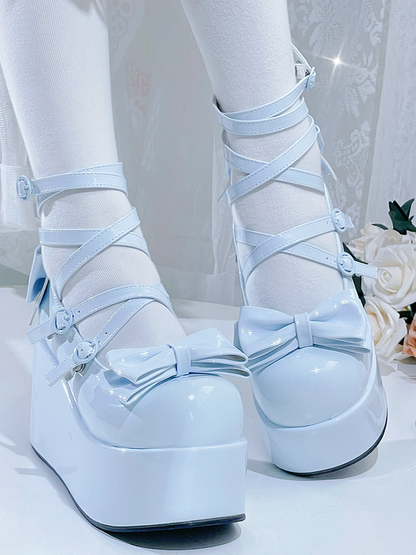 Light Blue Bowknot Buckle Straps Round Toe Platform Lolita Shoes