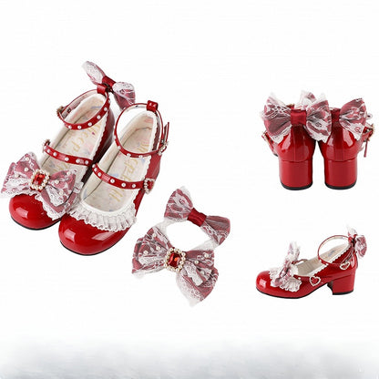Polished Red Detachable Rhinestone And Beaded Decorated Bowknot Lace Trim 4.5CM Block Heels Shoes