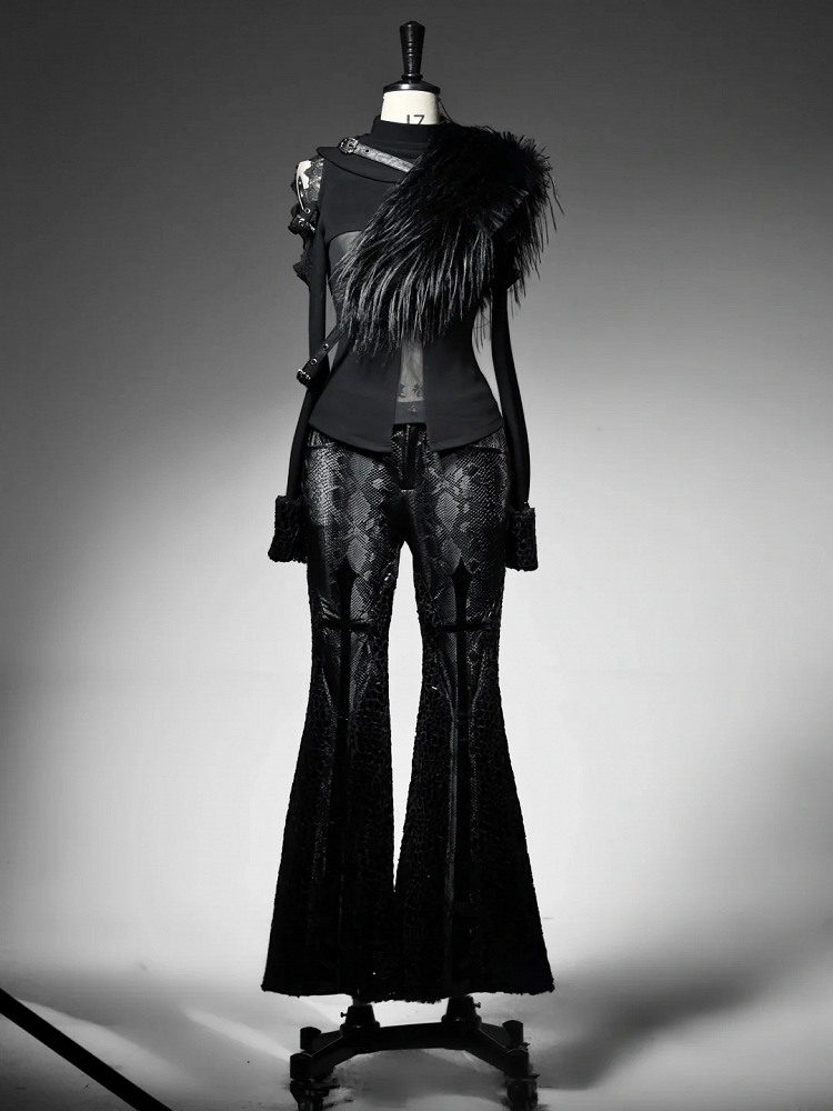 Black Snakeskin Grain Fabric Low Waist Goth Fishtail Pants