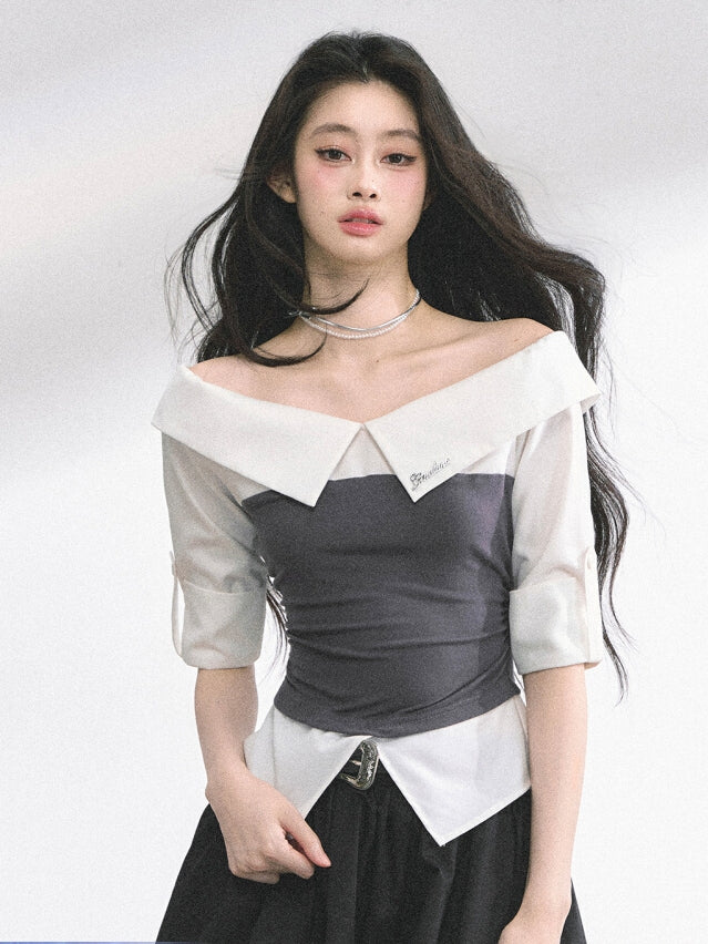 Off-the-shoulder Neckline Foldover Collar Gray/Navy Blue Striped Shirt