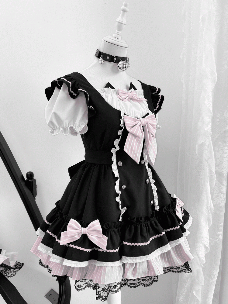 Kitty Ears Design Neckline Black and Pink Sweet Lolita One Piece with Detachable Bowknots