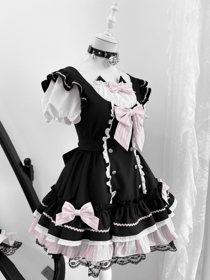 Kitty Ears Design Neckline Black and Pink Sweet Lolita One Piece with Detachable Bowknots
