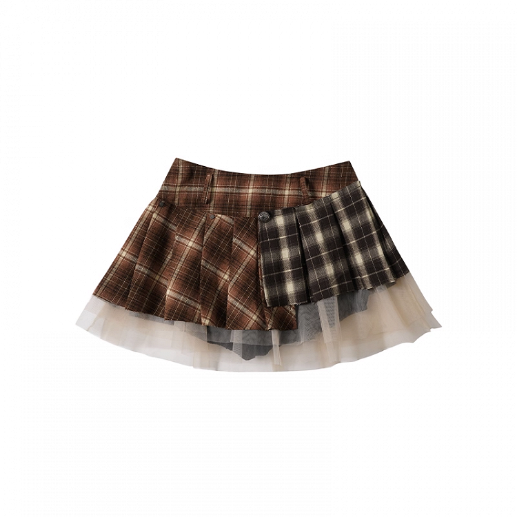 Brown Plaid High Waist Mesh Patchwork Vintage Skirt