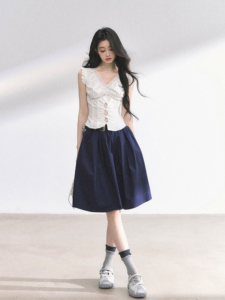 White V-neck Cutout Details Lace Patches Flutter Sleeves Top