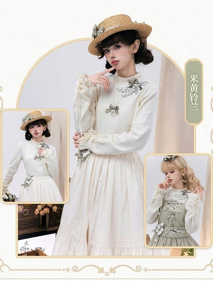 Beige Lily of the Valley Embroidery Lace-up Cuffs Autumn Knit Top