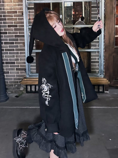 Plus Size Crosses Embroidery Black Witch Coat