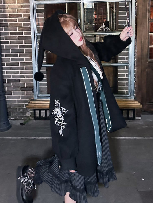 Plus Size Crosses Embroidery Black Witch Coat